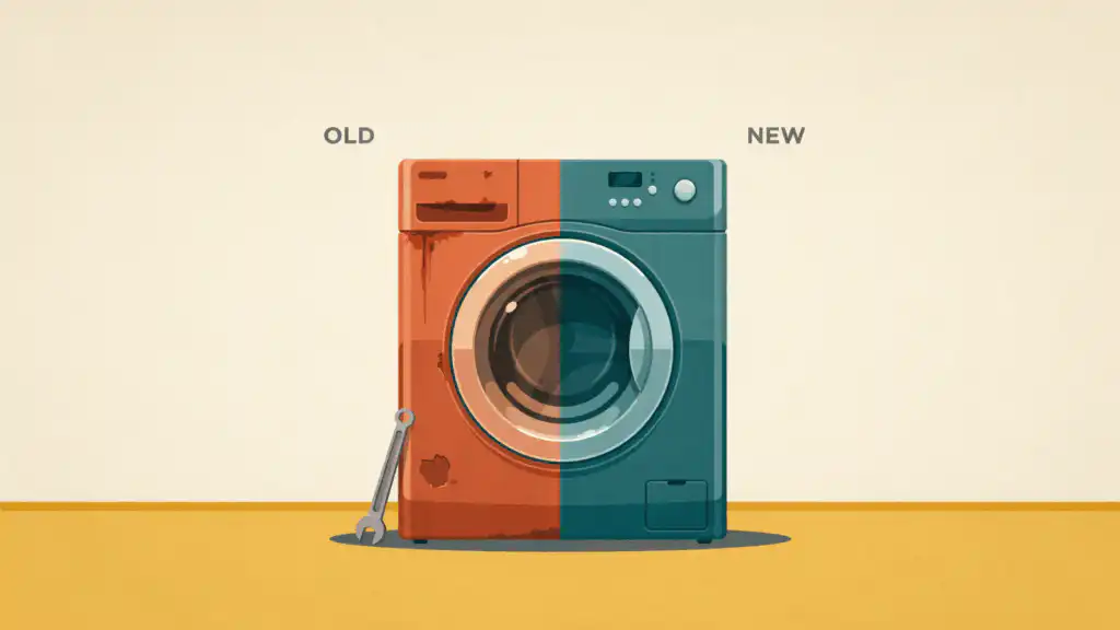 Appliance repair choice shown as a washer split into a rusted half labeled OLD with a wrench and a teal half labeled NEW