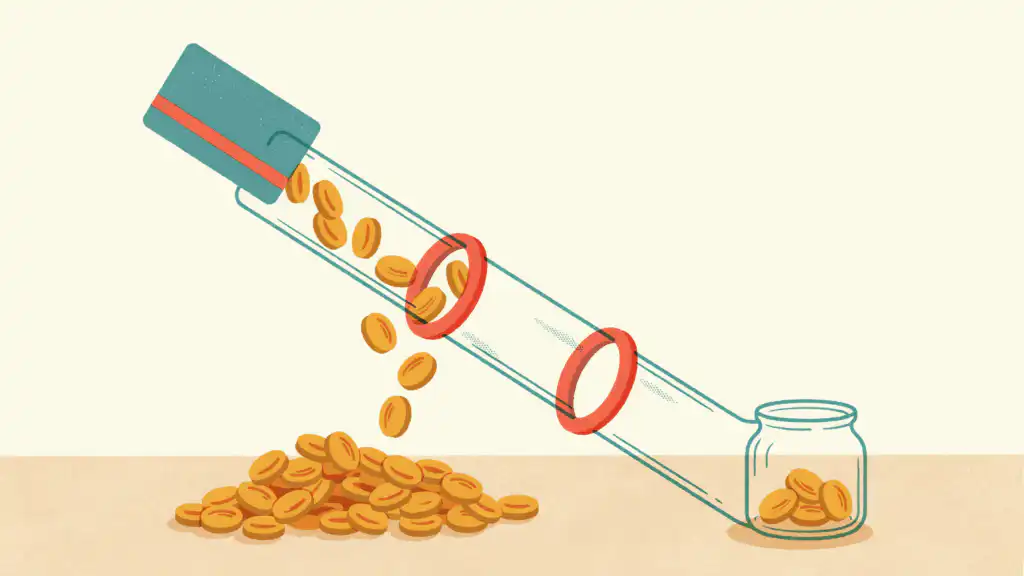 A teal credit card pours gold coins down a glass tube toward a jar, and most fall out into a heap on the way