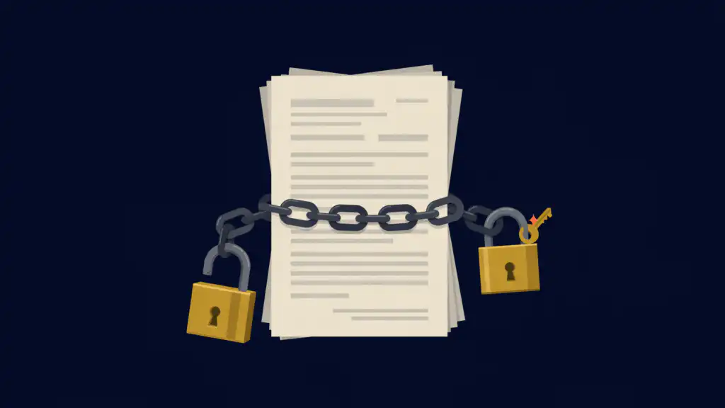 Stack of debt statements bound by a steel chain and two brass padlocks, one open and one locked with a key on it