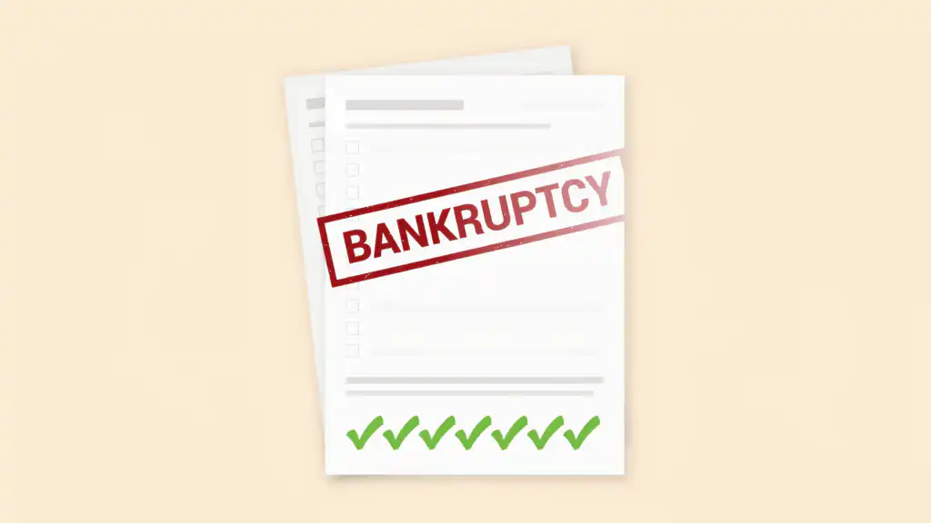 A credit report with a fading red BANKRUPTCY stamp and a row of green check marks along the bottom