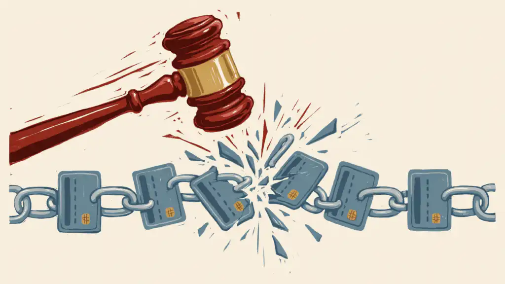 A gavel smashing a chain of credit cards in two, its broken links flying apart