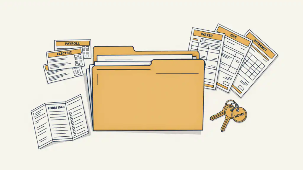 Payroll stubs, electric, water, gas, and internet bills, a Form 1040, and keys tagged Home around an open folder