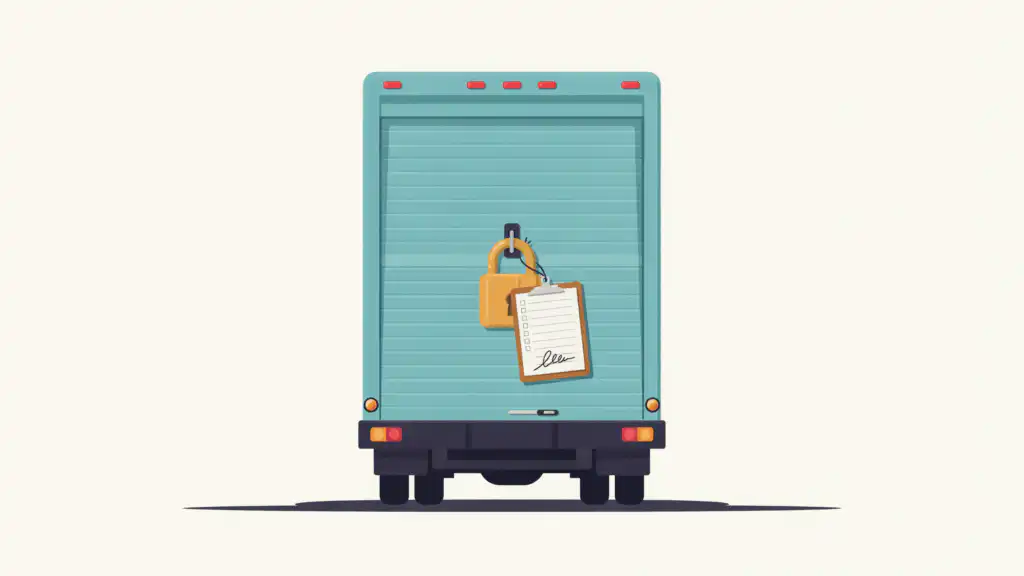 Teal moving truck with its rear door padlocked and a signed form on a clipboard hanging from the lock