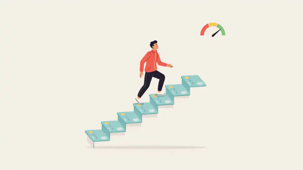 A young man in a red jacket climbs a staircase of credit cards toward a credit score gauge in the green.