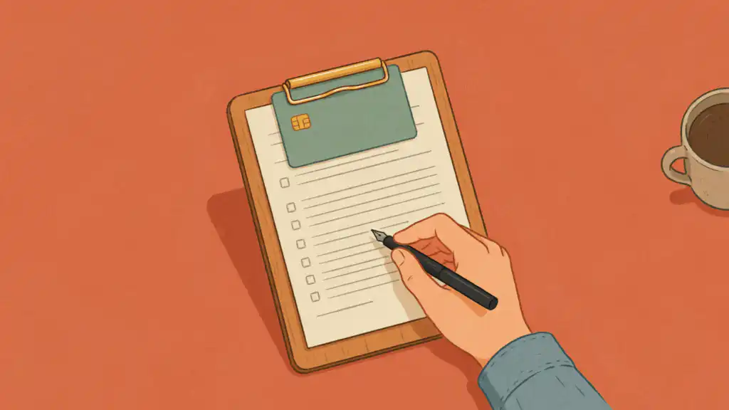 Hand filling in a form on a clipboard, with a sage green credit card pinned under the brass clip