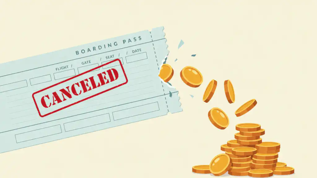 Torn pale blue boarding pass stamped CANCELED with gold coins pouring from the tear, the refund a canceled flight owes