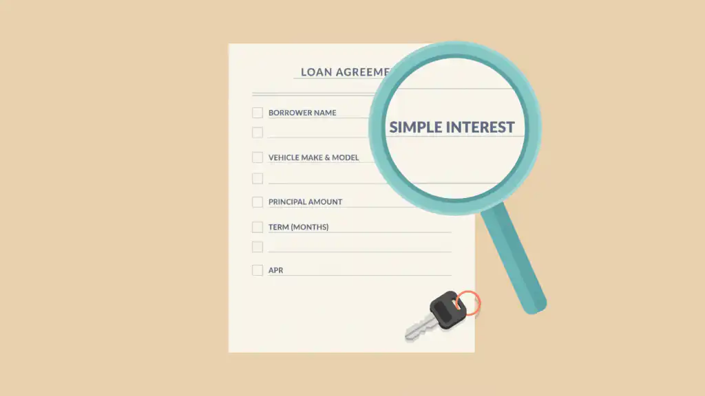 Magnifying glass over a car loan contract enlarging the words SIMPLE INTEREST, with a silver car key on the page
