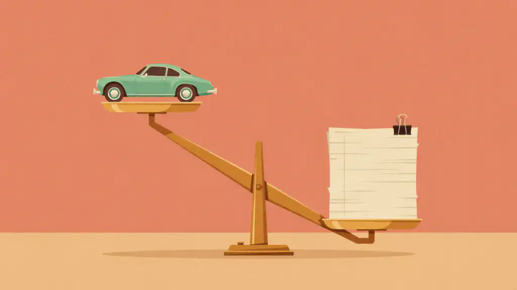 A brass balance scale tips under a tall stack of paperwork, lifting a small mint-green car on the other pan.