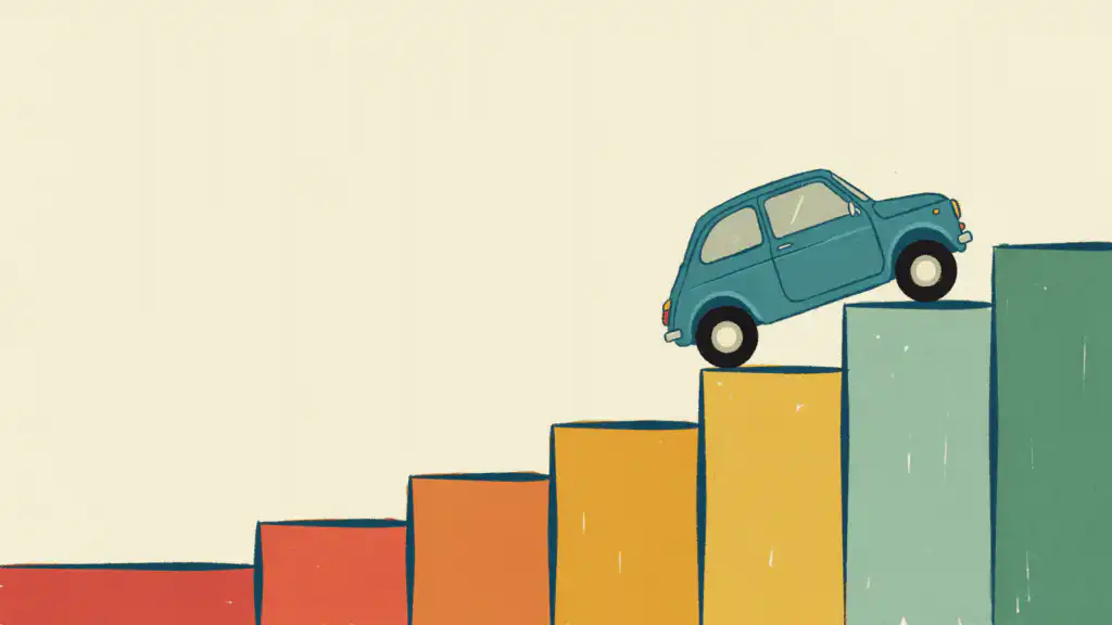 Teal hatchback climbing steps that rise from red to green, like credit score ranges for a car loan