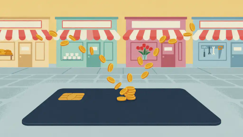 Gold coins arcing from four local shops into a stack on a navy credit card
