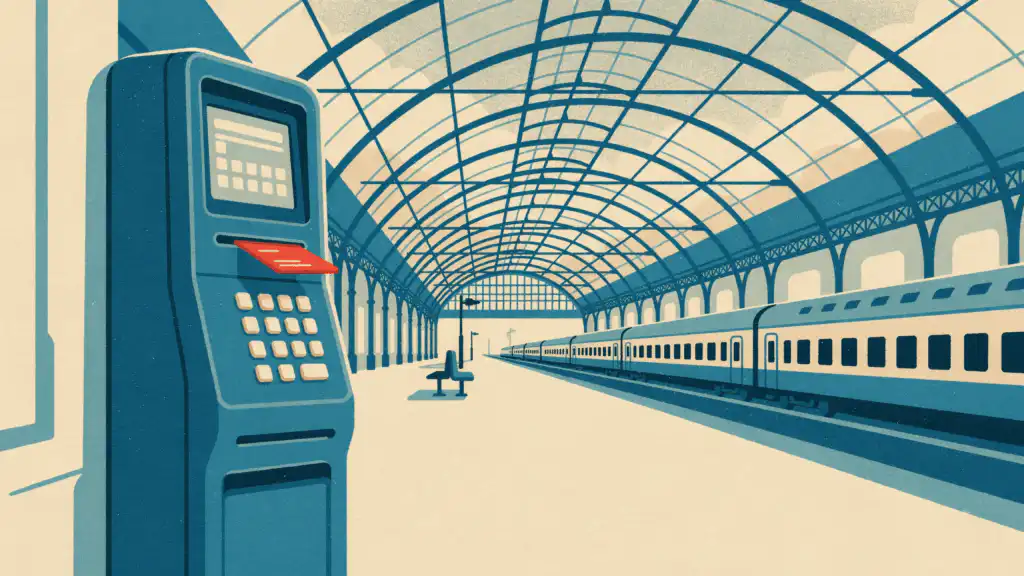 A red payment card in a train station ticket machine above its PIN keypad, a passenger train waiting at the platform