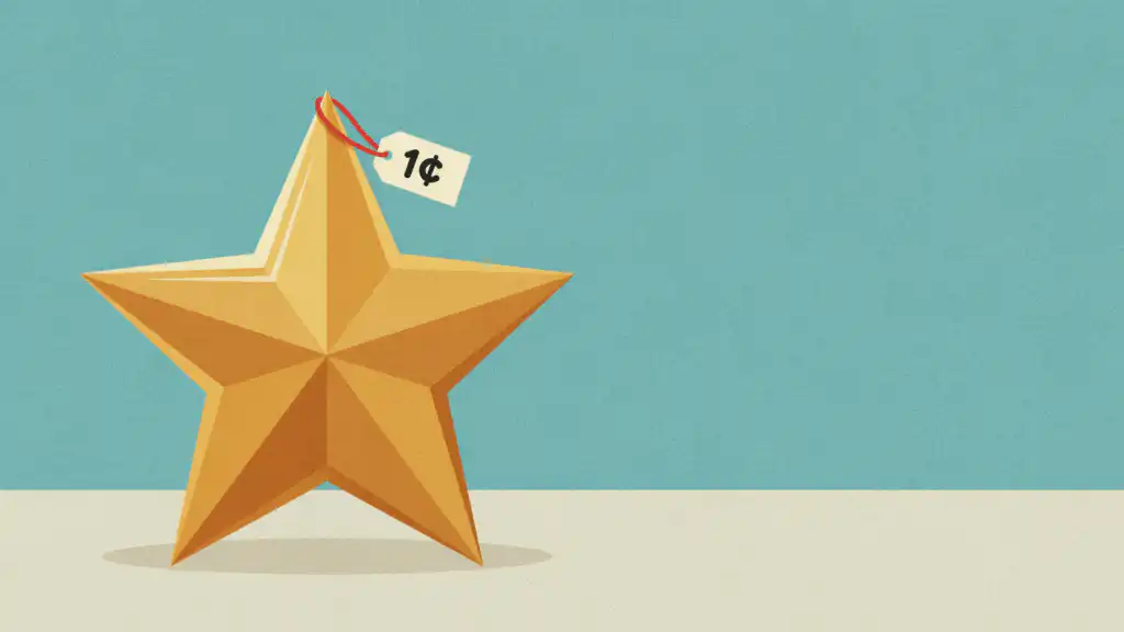 A faceted gold reward star with a red-string paper price tag reading 1¢, like a credit card point priced in cents