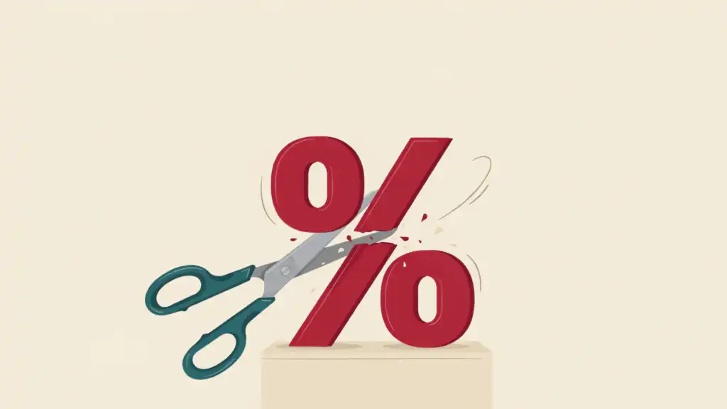 Teal-handled scissors cut through a big crimson percent sign on a pedestal, like a credit card rate being cut