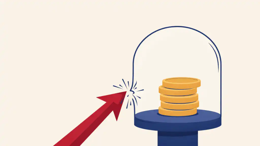 A red rising arrow strikes a glass dome that covers a stack of gold coins on a navy pedestal.
