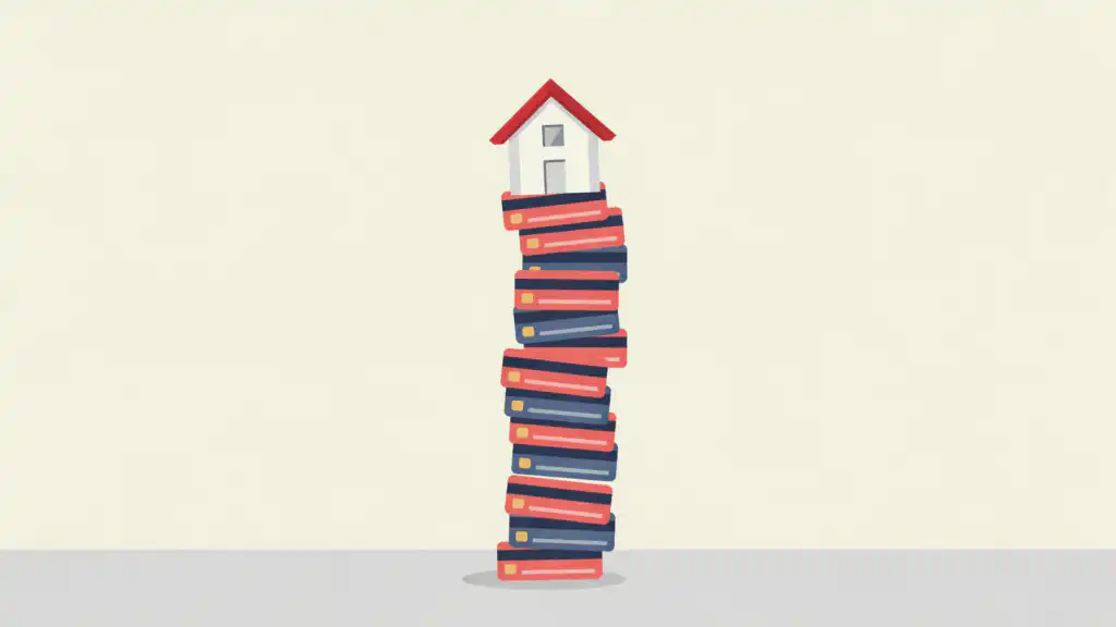 A small white house teetering on top of a tall, leaning stack of navy and coral credit cards
