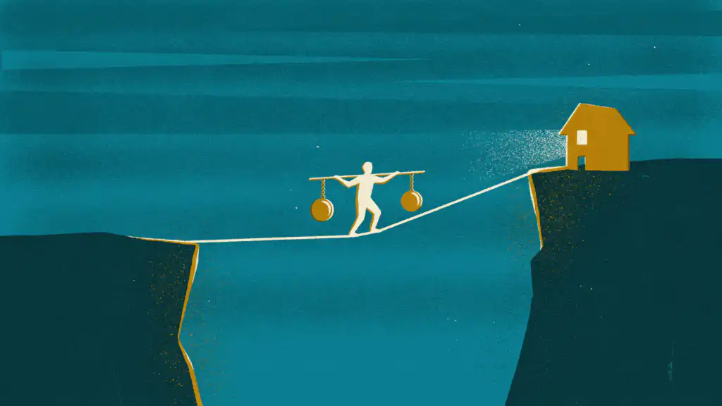 A silhouette carries a pole with a heavy weight on each end across a tightrope to a small yellow house