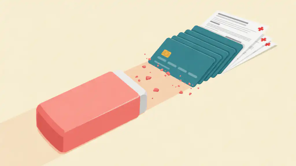 A pink eraser wiping out a pile of credit cards and medical bills, as Chapter 7 bankruptcy erases debt