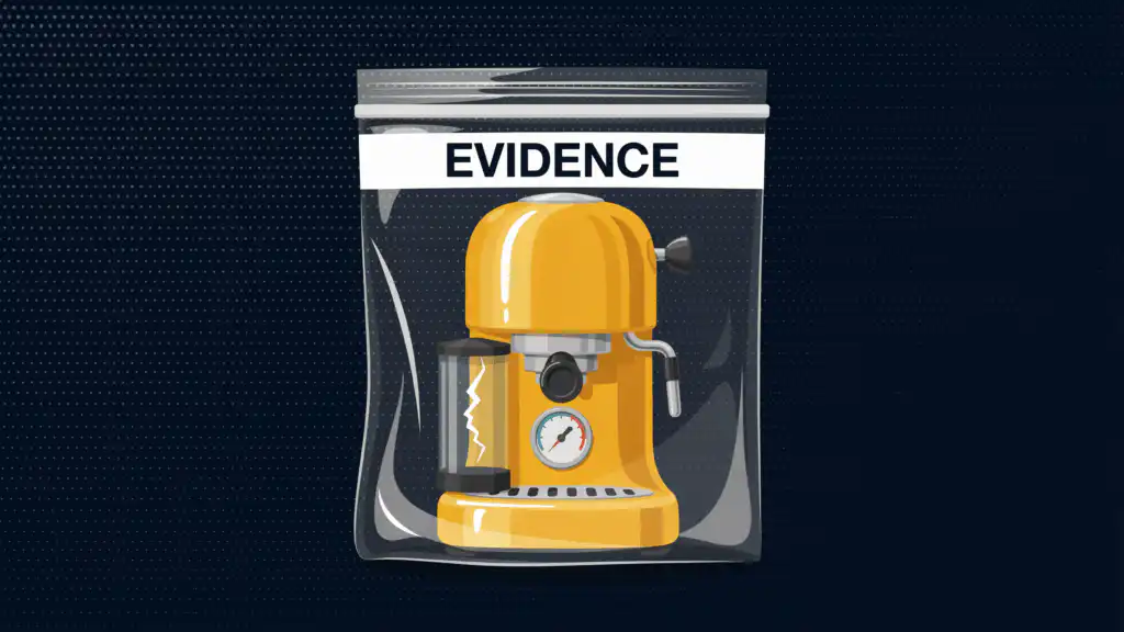 Yellow espresso machine with a cracked water tank sealed in a clear bag labeled EVIDENCE