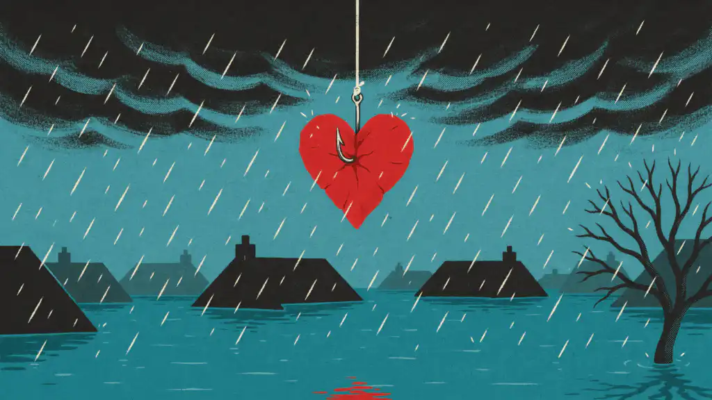 A red heart pierced by a fishing hook dangles over a flooded neighborhood of rooftops in the rain