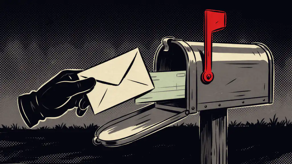 A gloved hand pulls an envelope from a curbside mailbox at night, red flag raised, as a check slides out behind it
