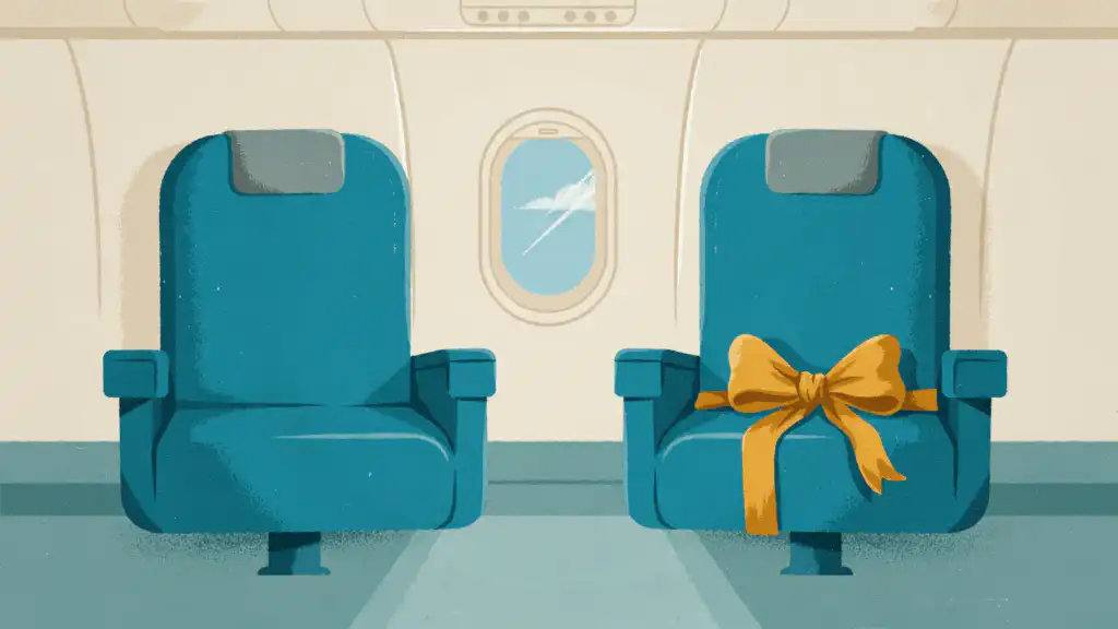 Two teal airplane seats side by side, the right one tied with a mustard ribbon and bow like a gift