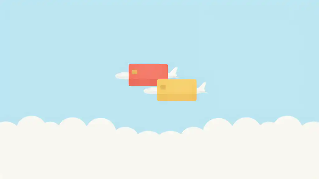A coral and a yellow credit card fly side by side on small white airplanes above cream clouds
