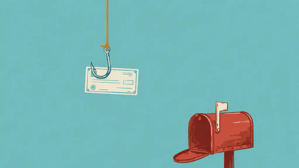 A blank convenience check hanging like bait from a fishing hook above an open red mailbox