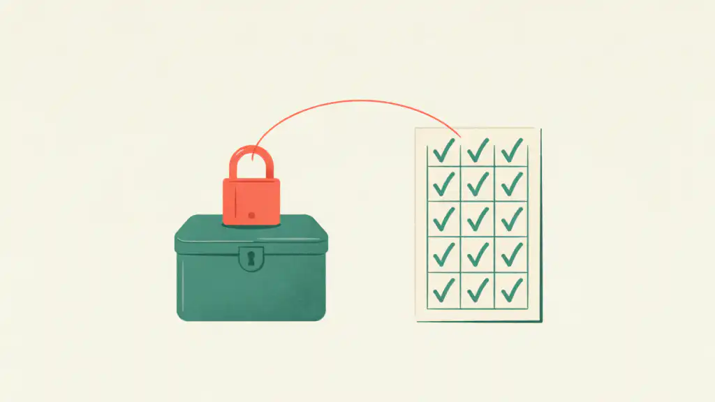 A coral padlock on a green cash box, linked by a thin line to a grid of check marks for credit-builder loan payments