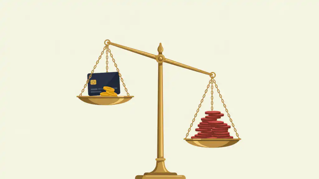A brass balance scale tips toward a pile of red coins, outweighing a credit card and three gold coins on the other pan.