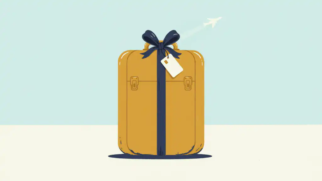 Credit card bonus shown as a mustard suitcase tied with a navy ribbon and bow, a credit card hanging as its luggage tag