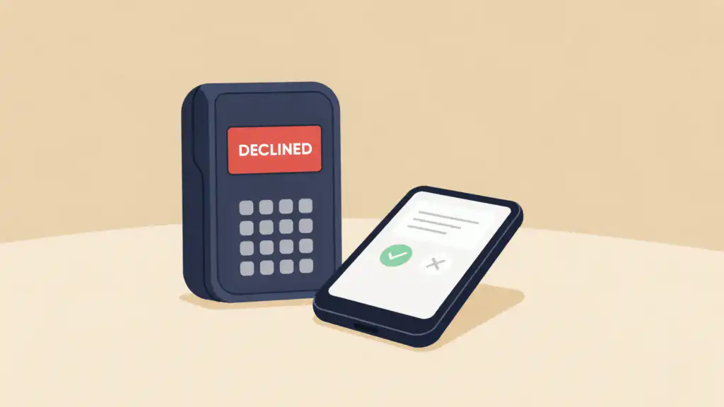 A credit card terminal reads DECLINED beside a smartphone showing an alert with check and cross buttons