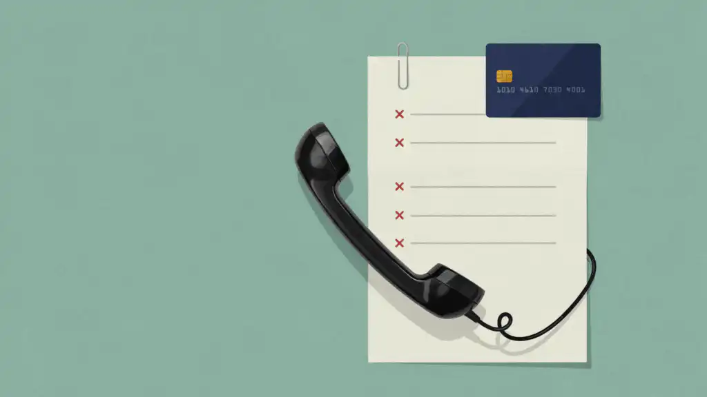 Black telephone handset lying across a credit card denial letter, a navy card resting on its corner
