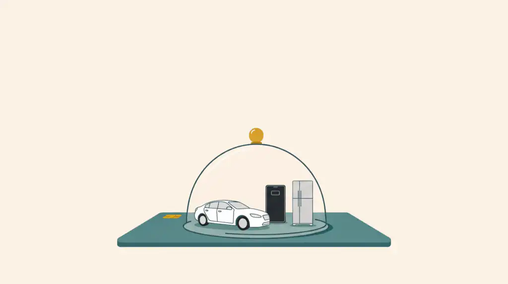 A glass dome on a teal credit card covers a small white car, a smartphone, and a refrigerator