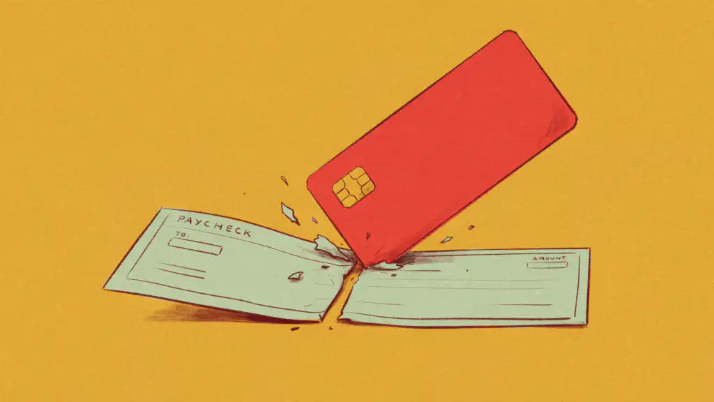A red credit card splits a pale green check marked PAYCHECK in two, scraps of paper flying.