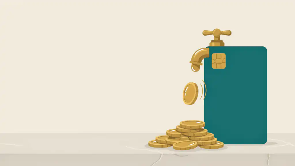 Teal credit card with a brass faucet on top, dripping gold coins onto a pile below