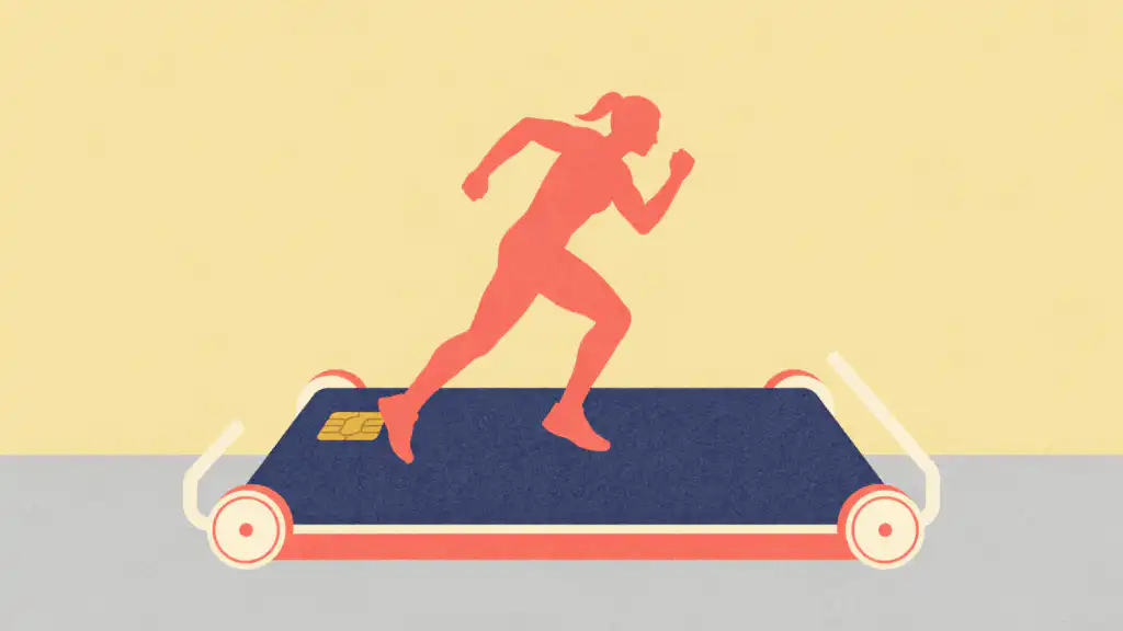 A coral runner sprints in place on a treadmill whose deck is a giant navy credit card