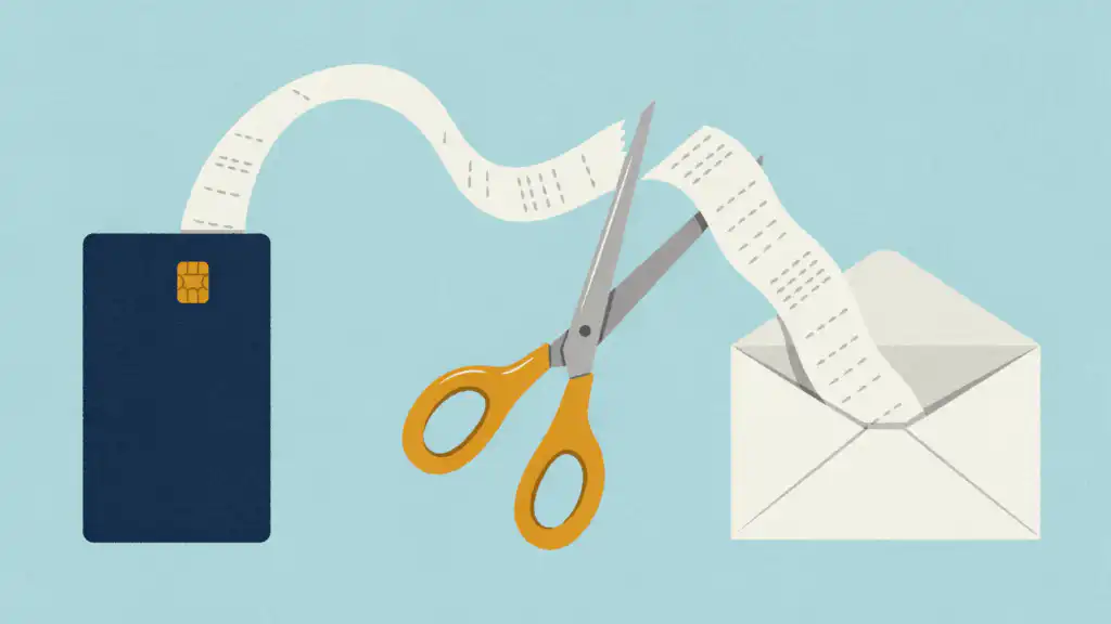 Scissors cut a long receipt tape spooling from a navy credit card, and the cut end trails into an open envelope.