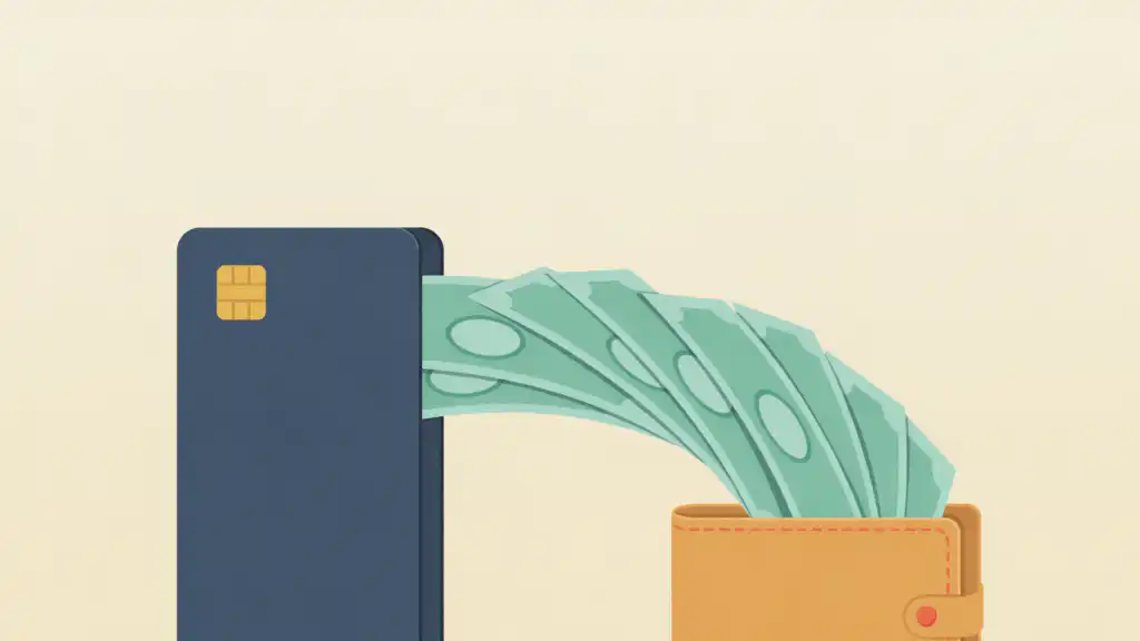 Mint-green cash streaming out of a navy credit card into a tan leather wallet
