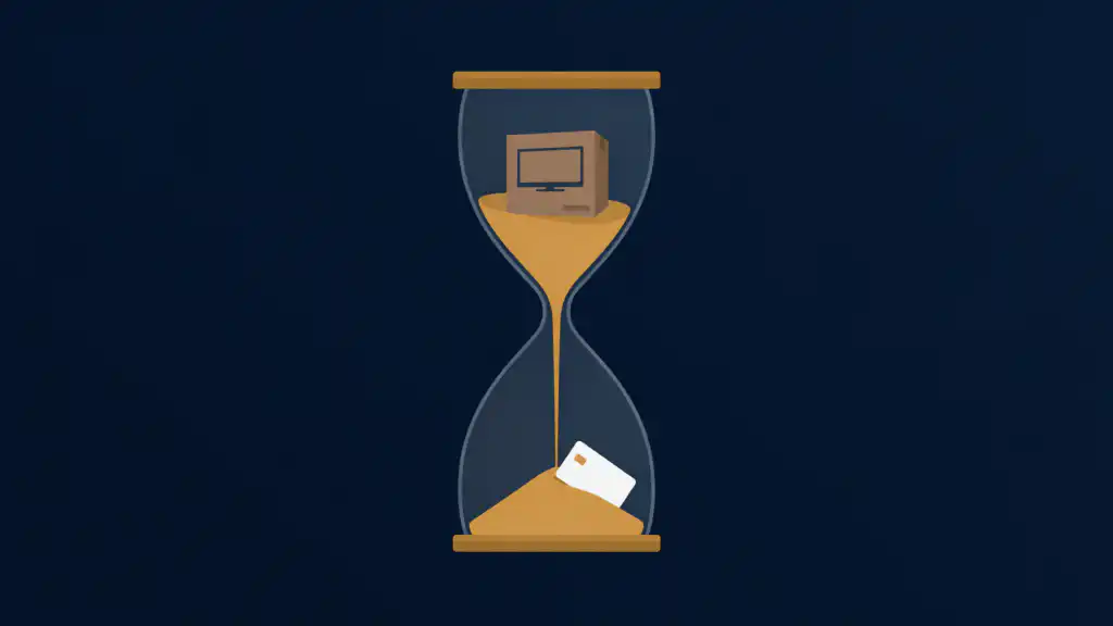 An hourglass with a TV box in the top bulb and a credit card half buried in the sand below