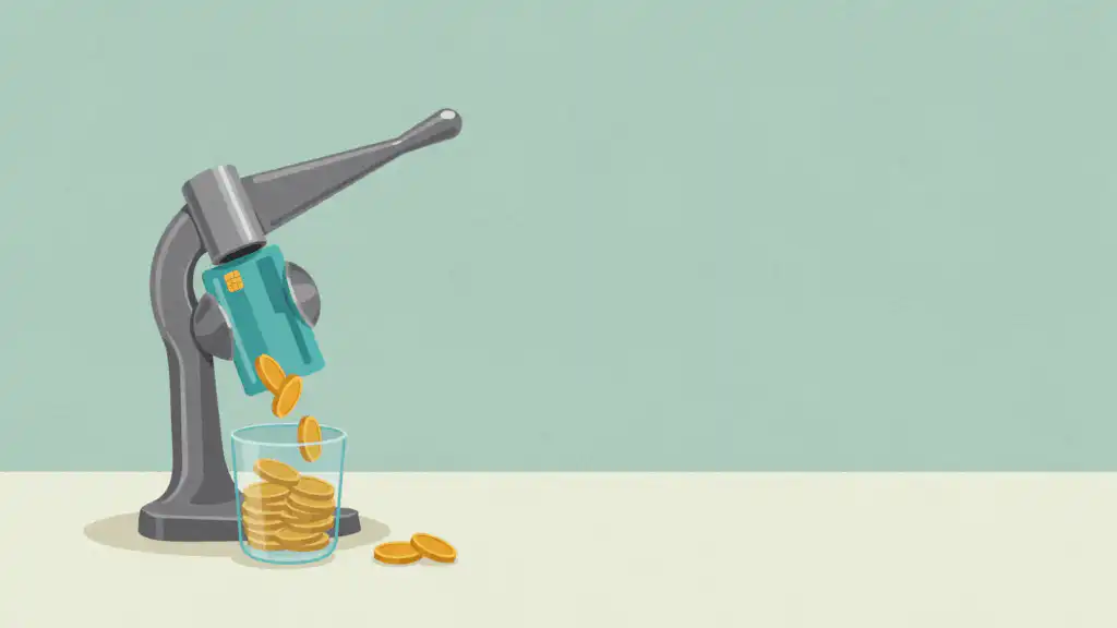 A teal credit card squeezed in a lever press drips gold coins into a glass tumbler