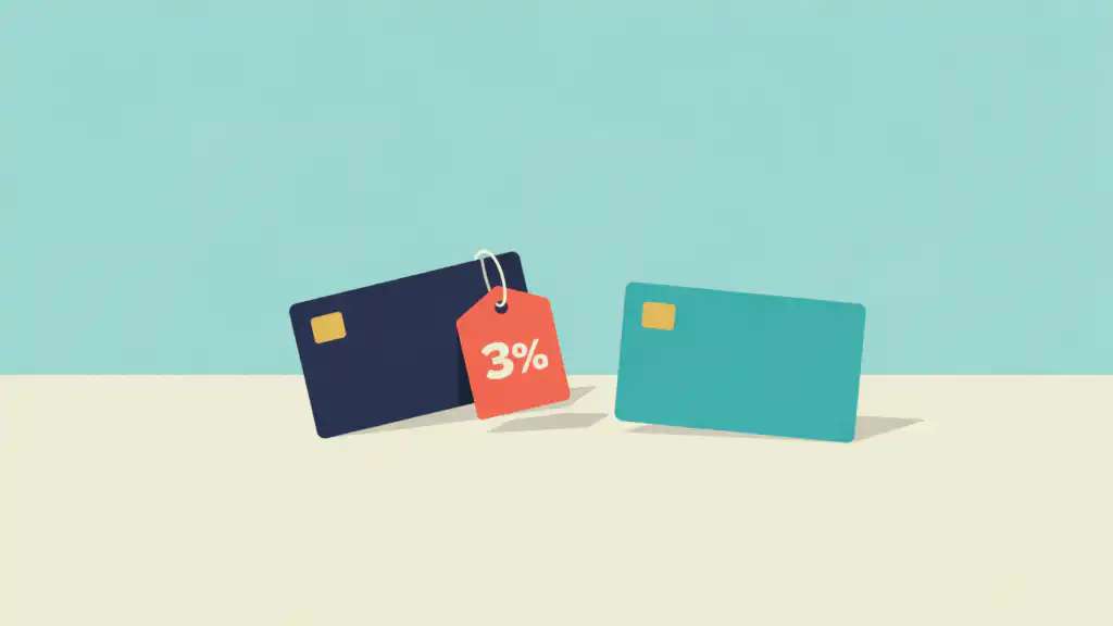 A coral 3% price tag tied to a navy credit card, with a bare teal debit card standing beside it