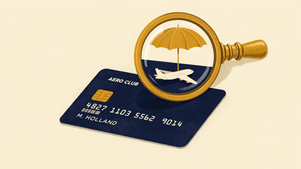 A magnifying glass over a navy credit card marked Aero Club reveals an airplane under a mustard umbrella.