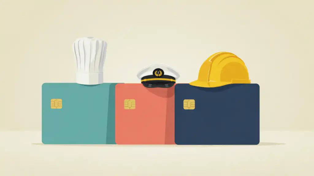 Three credit cards stand side by side wearing a chef's hat, a captain's cap, and a yellow hard hat.