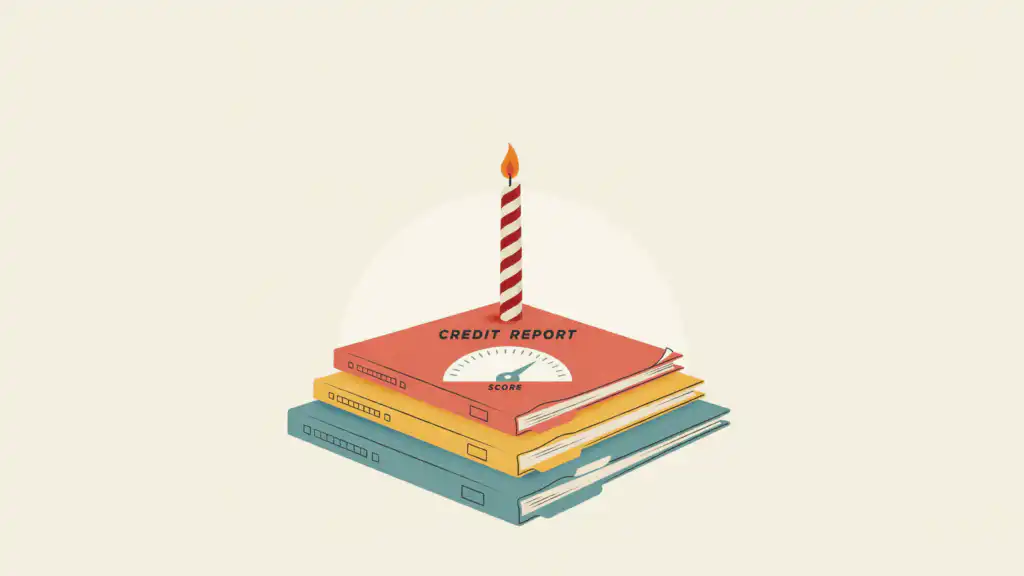 Stacked teal, mustard, and coral folders, the top labeled Credit Report with a score gauge, under a lit birthday candle