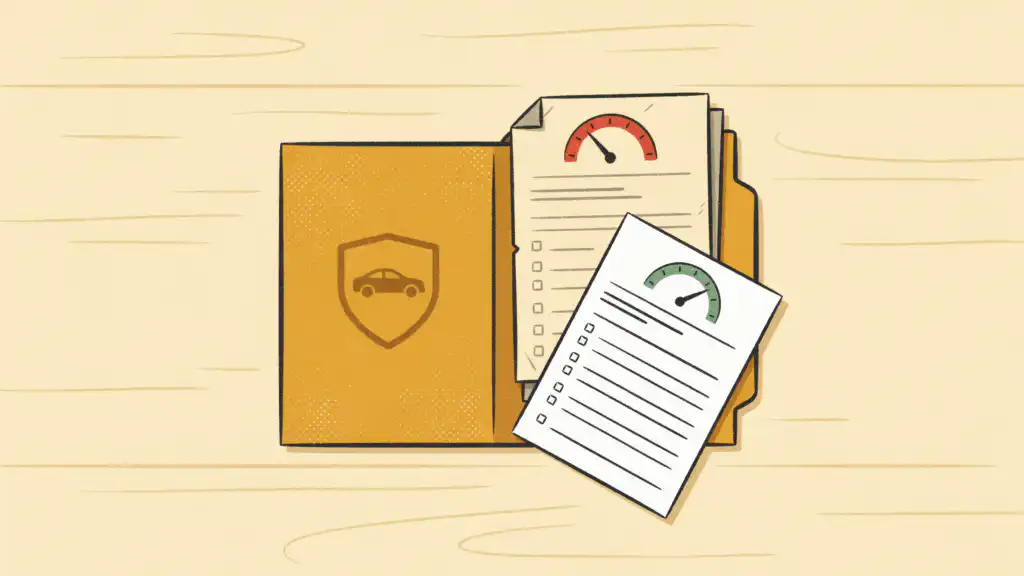 Car insurance folder holding a faded credit report with a low dial as a fresh report with a high dial lands on top
