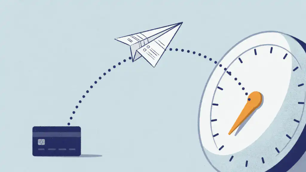 A paper airplane folded from a card statement flies from a credit card toward a score dial whose needle is still low