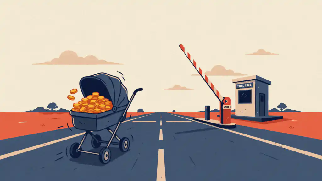 A navy stroller piled with gold coins rolls past a raised toll gate beside a booth marked TOLL FREE.