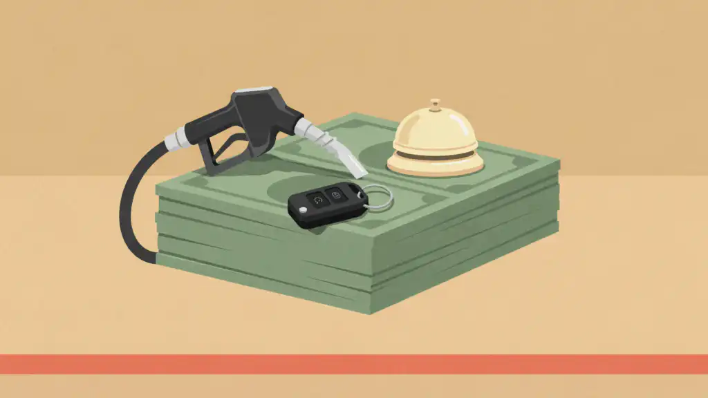 Debit card holds shown as a gas pump nozzle, hotel desk bell, and car key pinning down a stack of cash