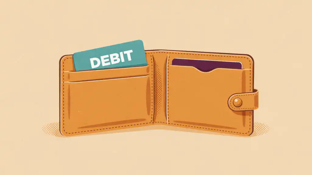 An open tan wallet with a teal card reading DEBIT raised up front and a plum credit card tucked deep in the other pocket.