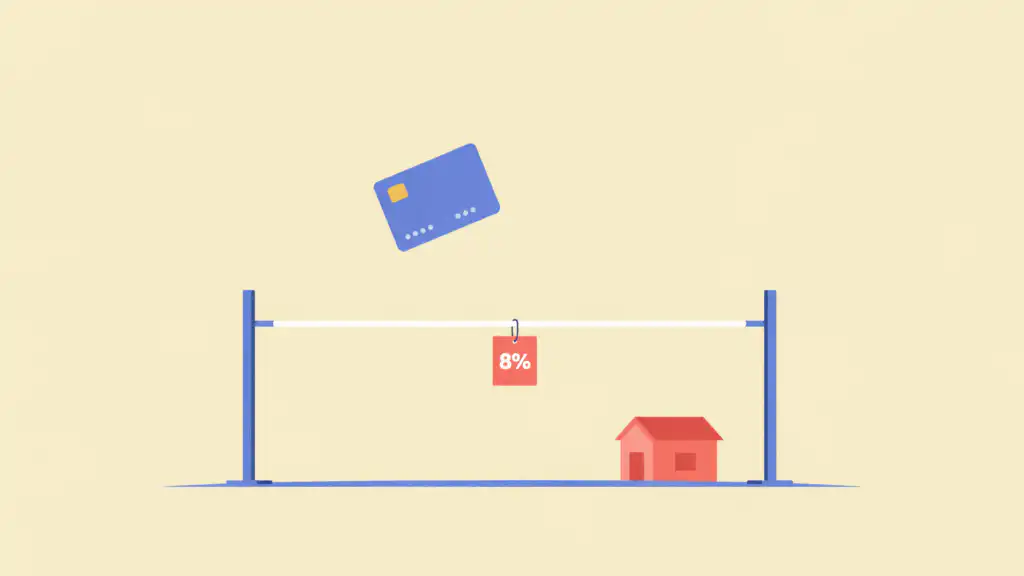 A blue credit card floats above a high-jump bar tagged 8%, with a small red house below